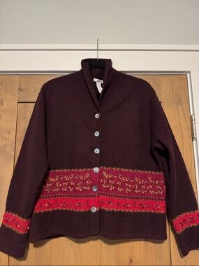 Vintage floral Lambswool cardigan Womens L satin bow flowers Cottagecore country